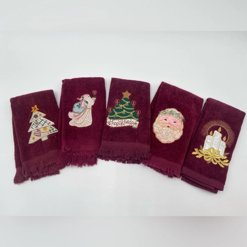 Vtg Christmas Fringe fingertip Hand towels x5 Burgundy Maroon Santa Made in USA